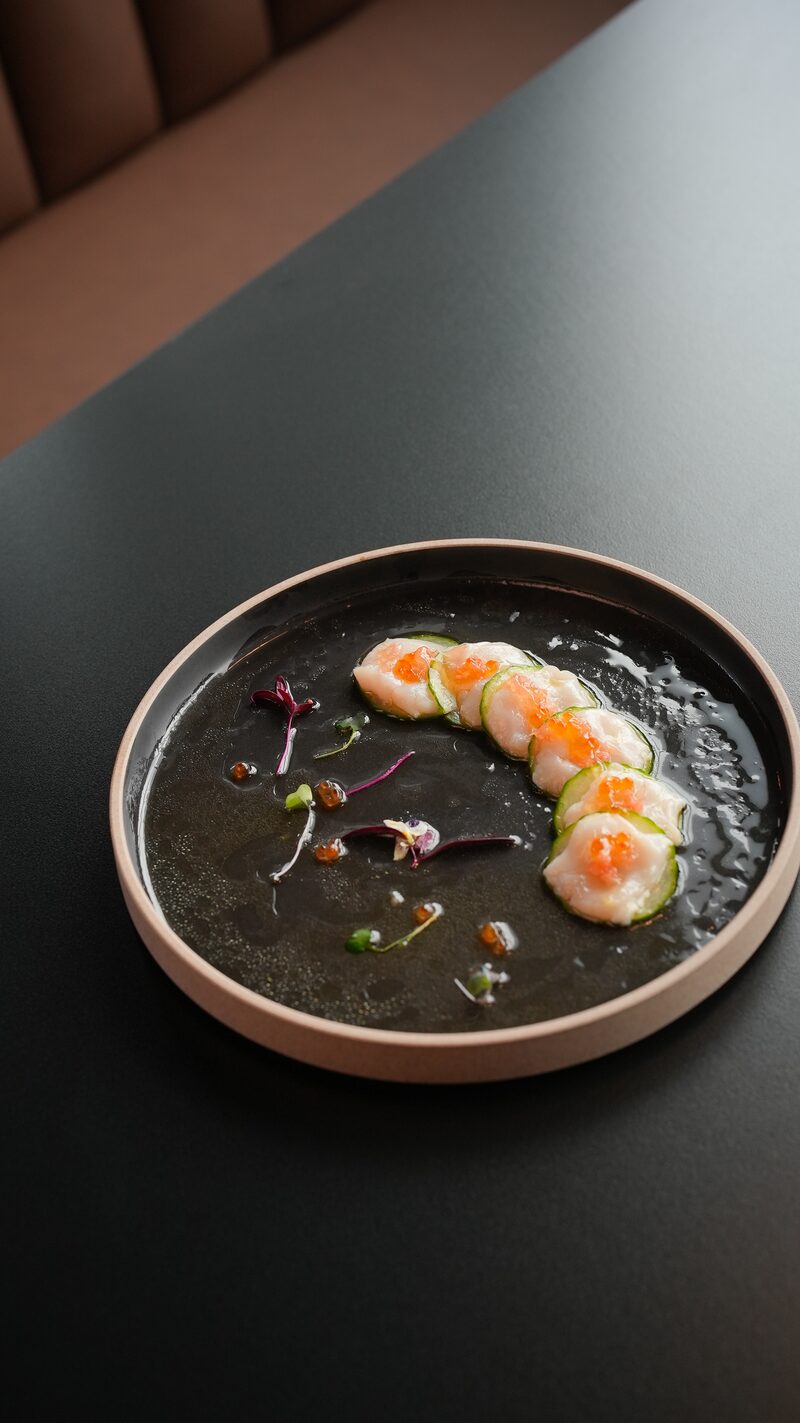 Hamachi crudo with cucumber and ikura