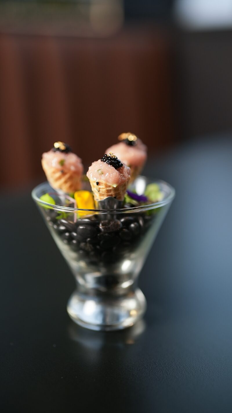 Toro tartare cones with caviar and gold leaf