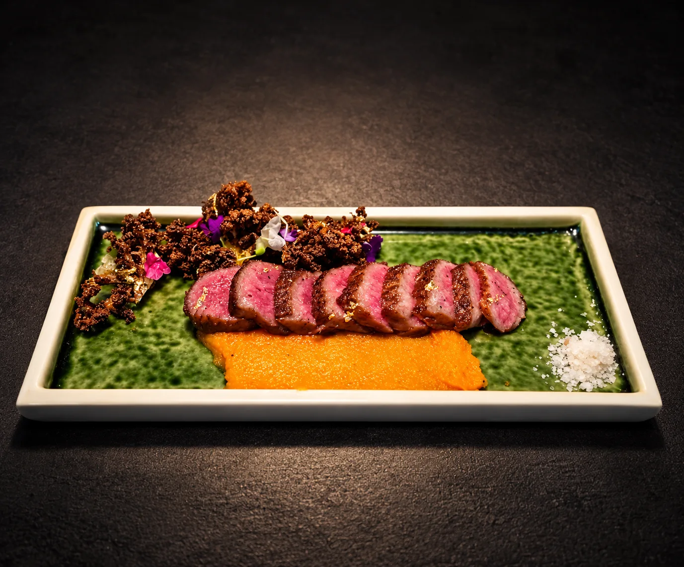 A5 Miyazaki wagyu seared and sliced on a green plate