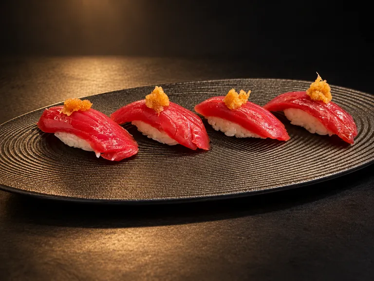 Four pieces of lean tuna Akami Nigiri on a black platter