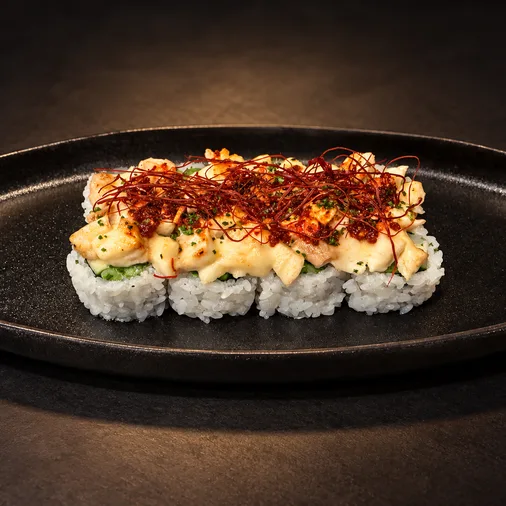 Hot & Spicy maki on a black platter with chili threads
