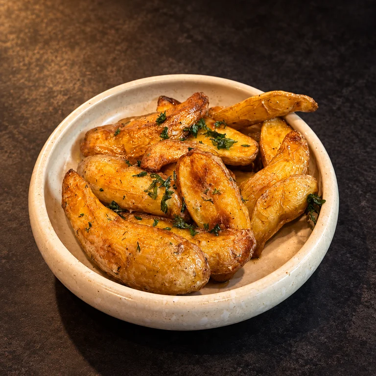 Roasted fingerling potatoes with herbs in a ceramic bowl