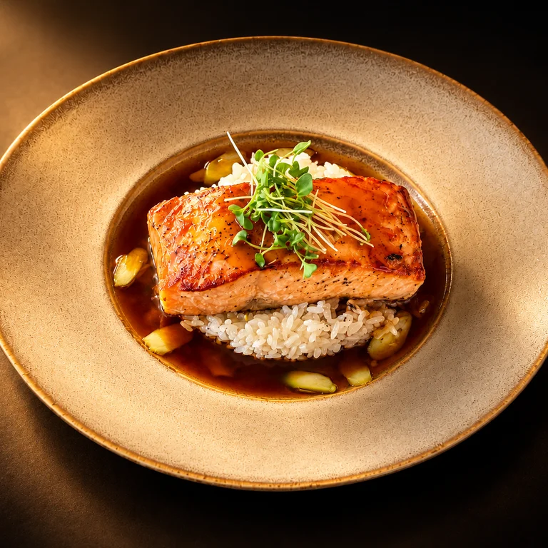 Teriyaki-glazed salmon over rice with sauce and microgreens in a ceramic bowl