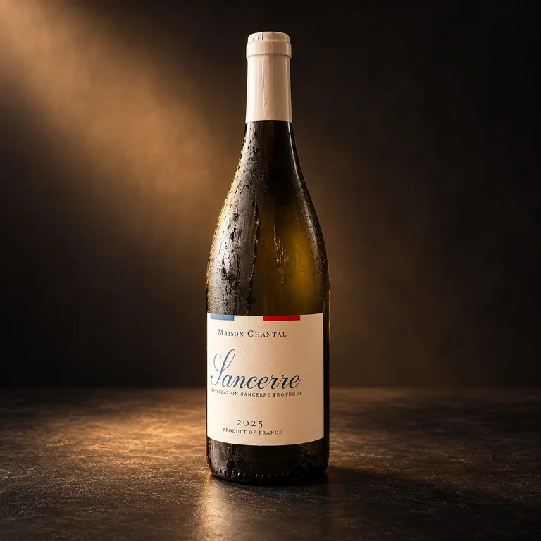 Maison Chantal Sancerre bottle with a white cap and cream label