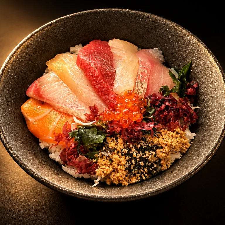 Rainbow Don with assorted sashimi, salmon roe, seaweed, and garnish over rice in a black bowl