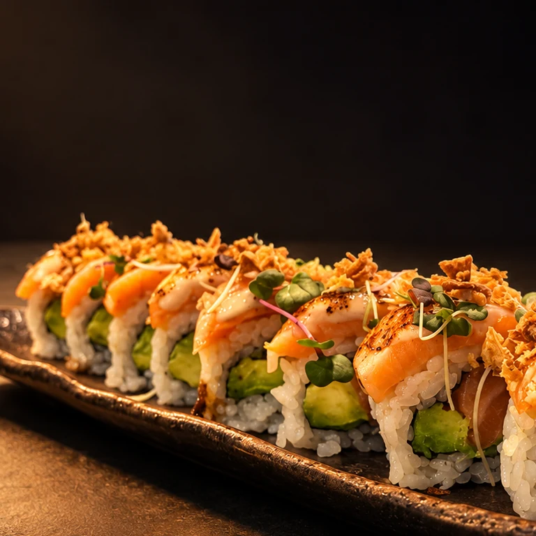 Salmon Specialist maki with seared salmon, avocado, sauce, crispy shallots, and microgreens on a dark platter