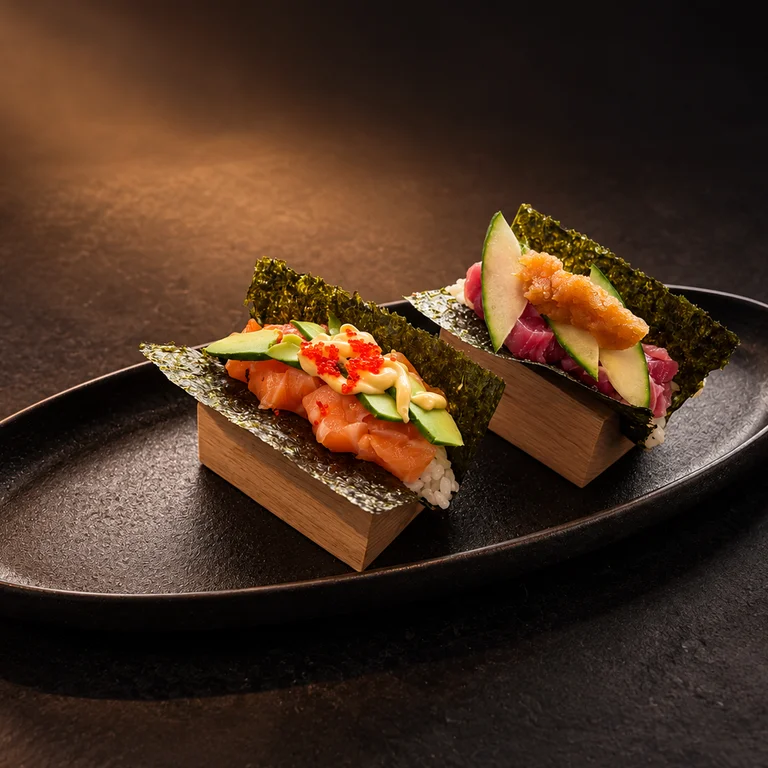 Salmon and tuna temaki in wooden holders on a black platter