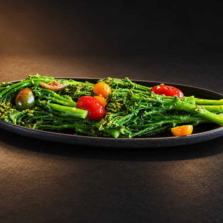 Broccolini and heirloom tomatoes on a black platter