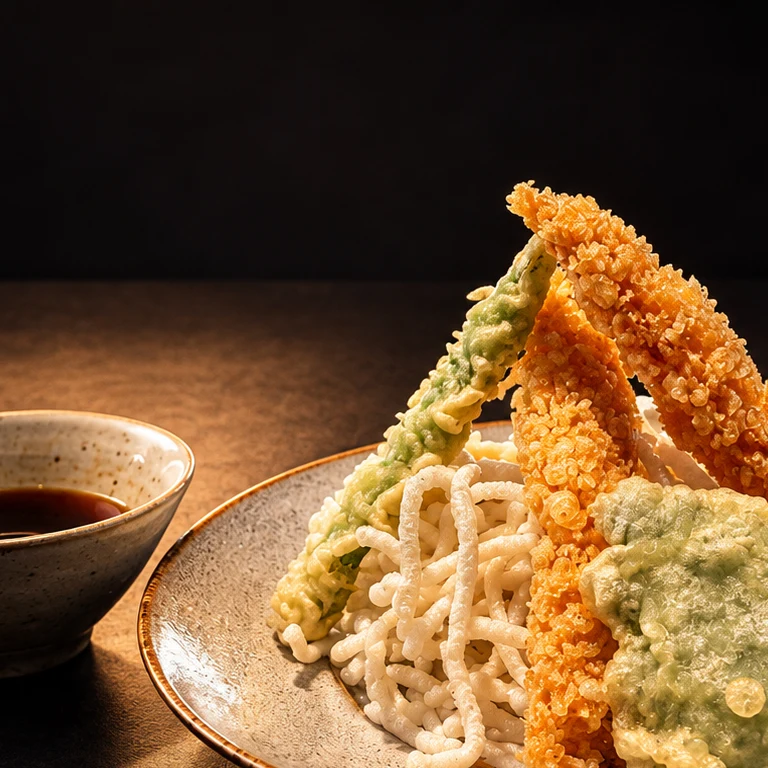 Golden shrimp and vegetable tempura on a ceramic plate beside a bowl of dipping sauce